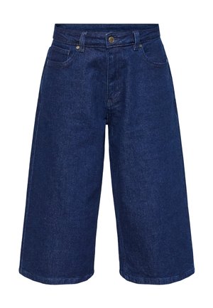 Mørkeblå denim shorts til knæene med forlommer, bæltestropper og knaplukning.