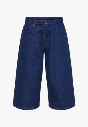 Mørkeblå denim shorts til knæene med forlommer, bæltestropper og knaplukning.