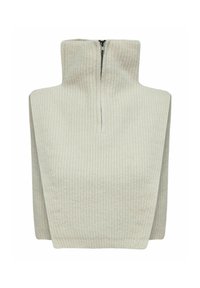 Lys beige høyhalset genser med glidelås foran, laget av teksturert ribbestrikket stoff, med en kort og firkantet fasong.
