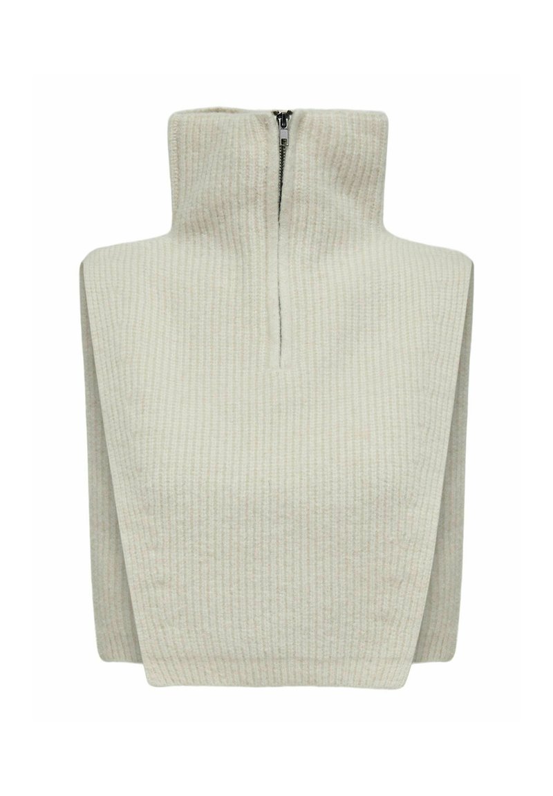Lys beige høyhalset genser med glidelås foran, laget av teksturert ribbestrikket stoff, med en kort og firkantet fasong.