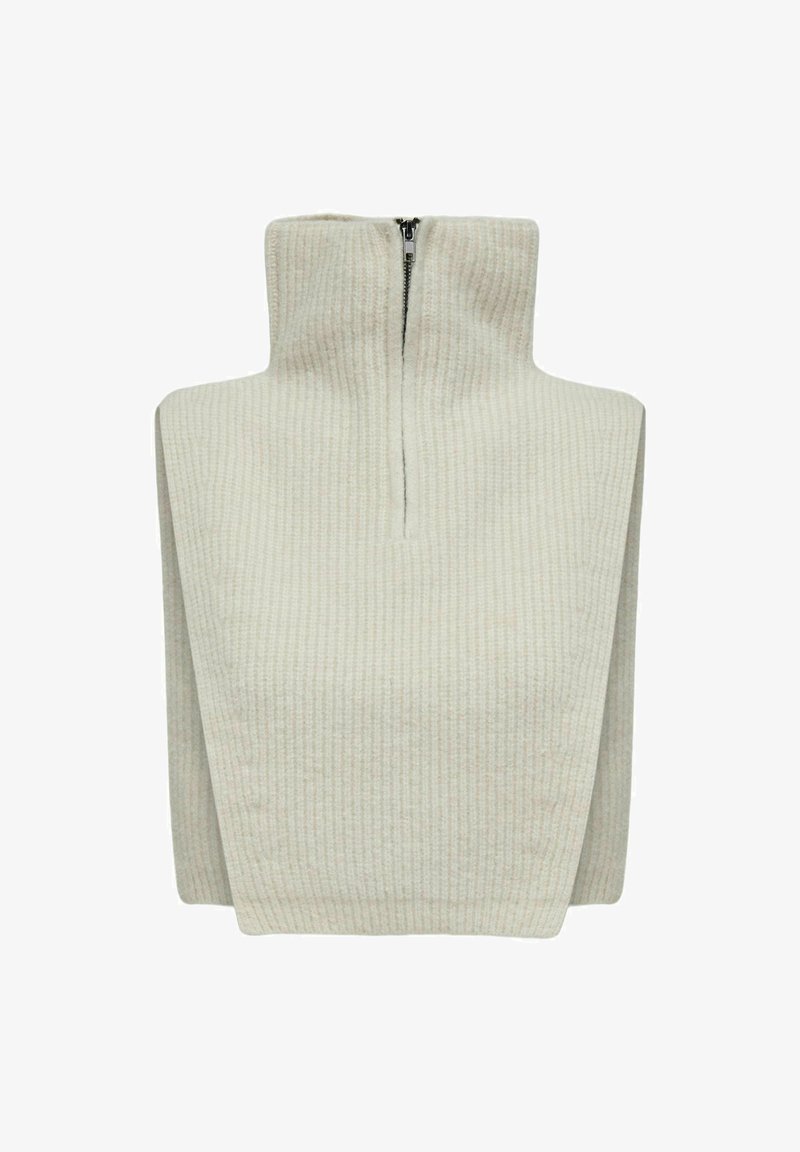 Lys beige høyhalset genser med glidelås foran, laget av teksturert ribbestrikket stoff, med en kort og firkantet fasong.