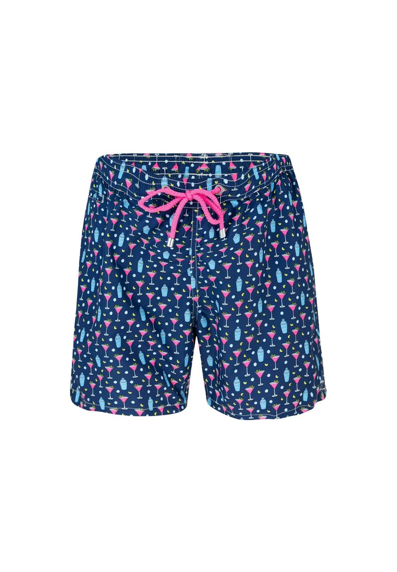 Pantalones de baño azul marino con un patrón de cócteles coloridos; cuenta con un cordón rosa y una cinturilla elástica; tejido ligero.
