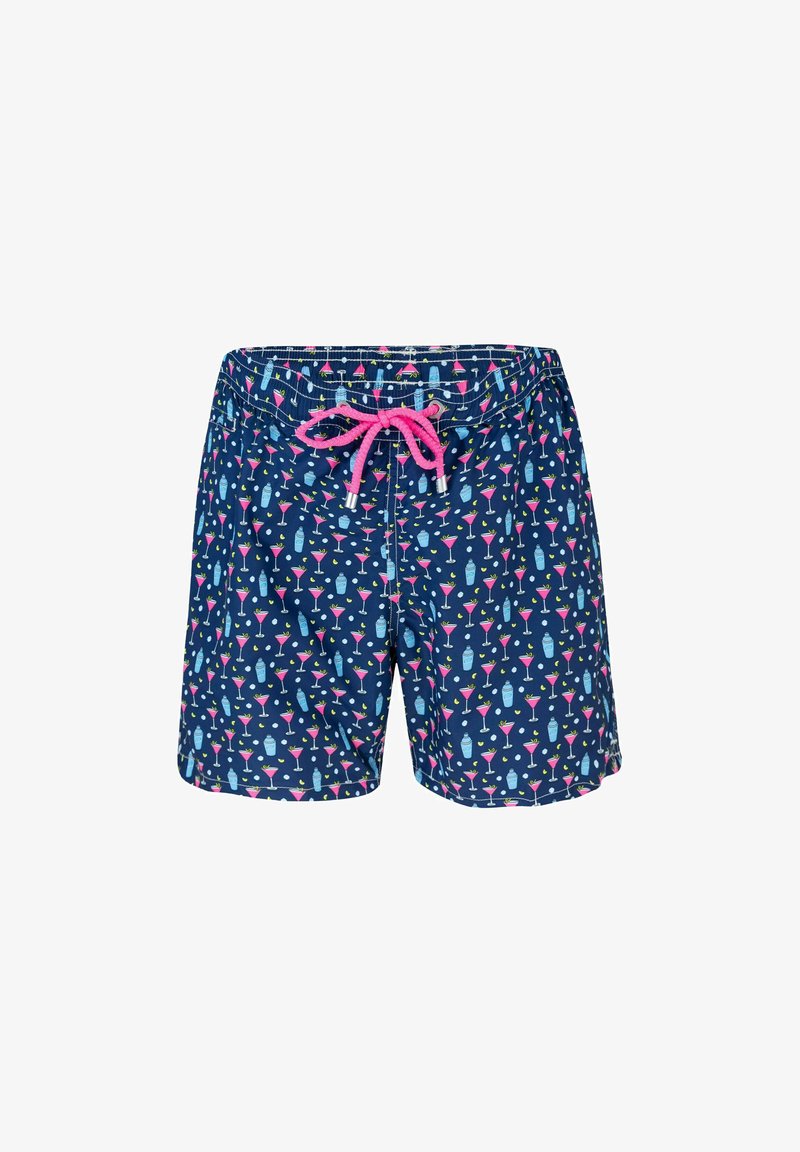 Shorts de bain navy avec un motif de cocktails coloré ; dotés d'un cordon de serrage rose et d'une taille élastique ; tissu léger.