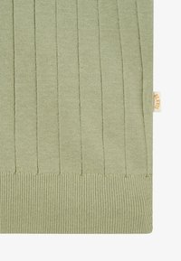 Tissu tricot côtelé vert clair avec des rayures verticales et une petite étiquette en tissu beige cousue sur le côté droit.