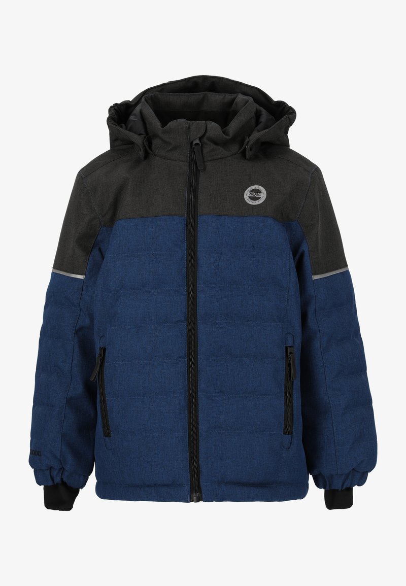 Gepolsterte Jacke mit blauem Körper und grauen Schultern. Verfügt über eine Kapuze, einen schwarzen Reißverschluss, zwei seitliche Taschen und reflektierende Akzente an den Ärmeln.