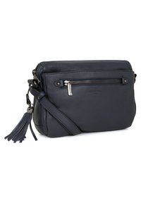 Borsa a tracolla in pelle di un blu navy scuro con una tasca anteriore con zip, frangia decorativa, tracolla regolabile e finitura testurizzata.