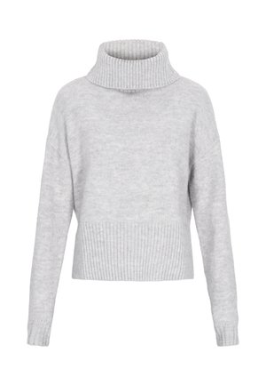 Light gray turtleneck sweater with a ribbed collar and hem, featuring long sleeves and a relaxed fit. Made from textured knit material.