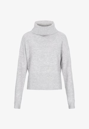Light gray turtleneck sweater with a ribbed collar and hem, featuring long sleeves and a relaxed fit. Made from textured knit material.