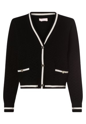 Zwarte cropped cardigan met witte bies op de kraag, manchetten, zoom en zakken, met drie knopen aan de voorkant en lange mouwen.