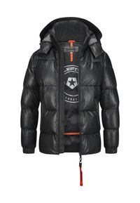 Schwarze gepolsterte Lederjacke mit abnehmbarem Kapuzen, Reißverschluss vorne teilweise geöffnet, zeigt das Innenfutter mit weißem Grafikdesign und rotem Reißverschlussanhänger.