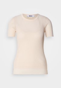 Krémový pruhovaný krátky rukáv top s okrúhlym výstrihom. Vyrobený z mäkkého materiálu, má priliehavý strih a jemnú textúru. Značka DKNY viditeľná.