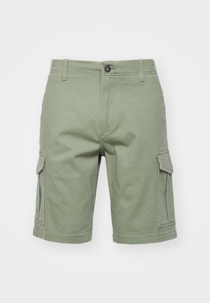 Green cargo shorts made of cotton, featuring side pockets, a button closure, and stitched seams. The design is straight-cut with a hem finish.