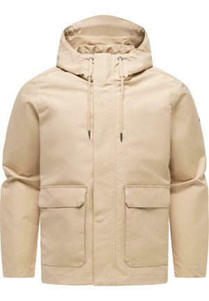 Beige hættejakke med lynlås foran, justerbare snore i hætten og to store klaplommer foran.