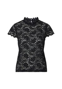 Sort blondebluse med høj halsudskæring med flæsekanter og korte ærmer. Blomsterprint over det hele med bølgede kanter.