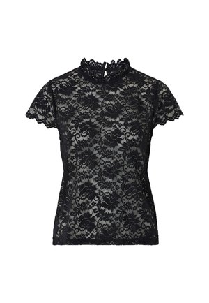 Zwarte kanten top met een hoge halslijn, versierd met ruches en korte mouwen. Bloemenpatroon over het hele kledingstuk met geschulpte randen.