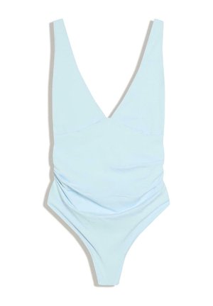 Svijetloplavi jednodijelni kupaći kostim s dubokim V-izrezom i detaljima skupljivanja na stranama.