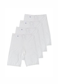 Pantaloni corti bianchi in cotone con una consistenza morbida, dotati di cinturini elasticizzati e design con apertura. Confezione da cinque, tutti identici nello stile.