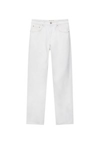 White denim jeans with a straight leg design, five pockets, and metal hardware. Features a clean texture with no visible patterns or prints.