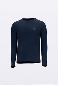 Marineblaues Langarmshirt aus weichem Stoff mit rundem Ausschnitt und kleinem, auf der Brust gesticktem Logo.