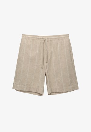 Beige linen shorts with horizontal stripes, elastic waistband, and drawstring, featuring a relaxed fit and smooth texture.