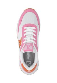 White athletic shoe with pink and orange accents, mesh upper, round toe, flat sole, and lace-up closure. Logo visible on the tongue.
