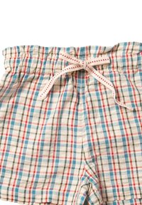 Karierte Shorts aus leichtem Material mit blauen, roten und grünen Quadraten, einem elastischen Bund und weißem Kordelzug.