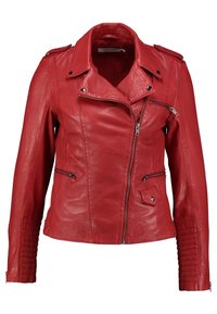 Giacca da motociclista in pelle rossa con zip frontale, due tasche anteriori e dettagli a coste sulle maniche. Presenta un colletto a punta e hardware argentato.