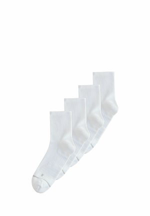 Five pairs of white crew socks with ribbed cuffs, arranged in a diagonal line on a plain white background.
