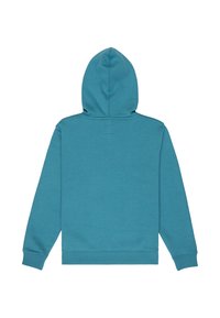 Teal gekleurde hoodie met een kangoeroezak, geribbelde manchetten en zoom. Gladde textuur, geen zichtbare merknaam en een eenvoudig, functioneel ontwerp.