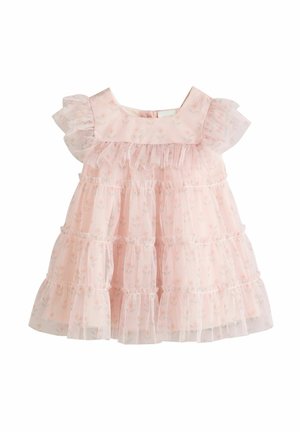 Hellrosa mehrlagiges Tüllkleid mit gerafften kurzen Ärmeln, quadratischem Ausschnitt und dezentem Blumenmuster, entworfen für ein Kleinkind-Mädchen.