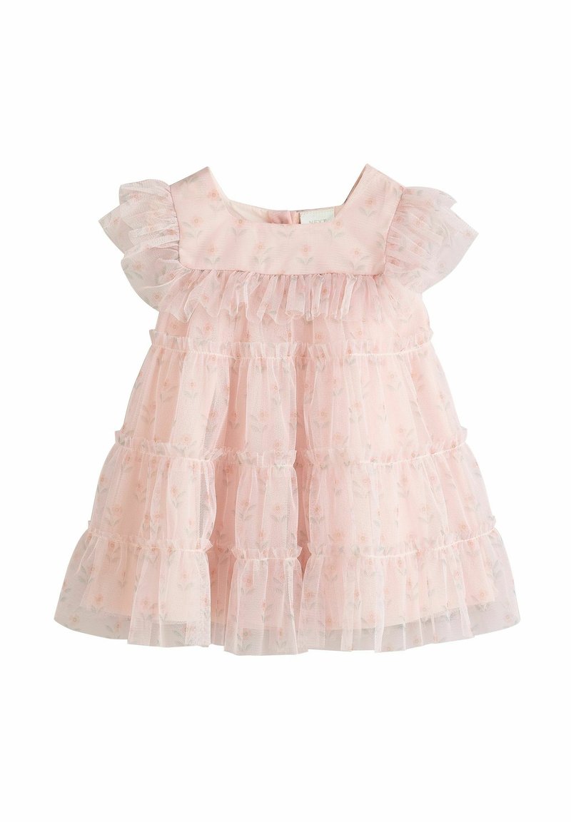 Robe en tulle rose clair à étages avec manches courtes à volants, encolure carrée et motif floral subtil, conçue pour une petite fille.