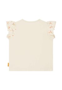 Top corto de manga corta de color beige claro con mangas de volantes con estampado floral, tela suave y escote redondeado. Etiqueta en el lado izquierdo.