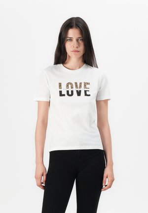 White cotton t-shirt featuring "LOVE" text in black and gold leopard print. Short sleeves and crew neck design, fitted silhouette.