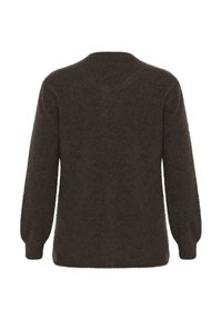 Bruine, fuzzy breiselsweater met lange mouwen. Eenvoudige ronde halslijn en een relaxte pasvorm. Zachte textuur, geen zichtbare patronen of versieringen.