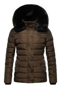 Brun polstret jakke med en aftagelig sort faux fur-krave, frontknapper, sidelommer med lynlås og ribbede manchetter. Isoleret design for varme.