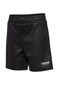 Zwarte sportshorts van een gladde, lichte stof, met een elastische tailleband en een wit logo aan de onderzijde aan de linkerkant.