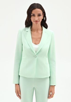 Femme aux longs cheveux foncés portant des boucles d'oreilles créoles dorées, un blazer vert menthe avec un pantalon assorti et un haut blanc sur un fond blanc uni.