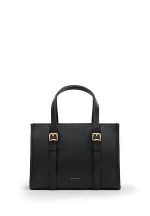 Borsa rettangolare nera con doppio manico superiore, due cinghie verticali frontali con fibbie dorate e piccolo nome del marchio "MIRIADE" in oro centrato.