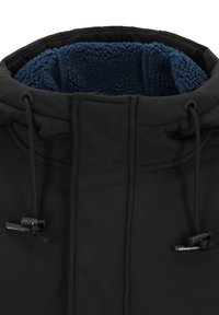 Black jacket with a high collar, featuring a soft navy fleece lining, adjustable drawstrings, and a smooth exterior texture.