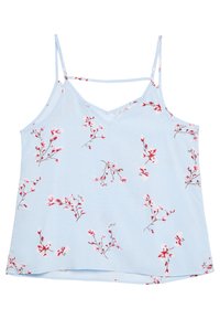 Blå blommig kammisole med tunna axelband, med röda och vita blommönster på ett mjukt, lätt material. V-ringning och lös passform.