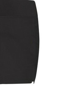 Jupe crayon noire taille haute avec une petite fente latérale et des coutures visibles sur fond blanc.
