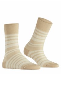Beige Socken mit weißen Streifen, mittlere Knöchellänge, strukturierter Stoff, verstärkte Zehen- und Ferse, nahtloses Design, minimalistisch.