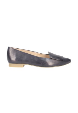 Leather ballet flat in dark blue, featuring a rounded toe, minimalistic design, and a small, flat heel with an accent flap detail.