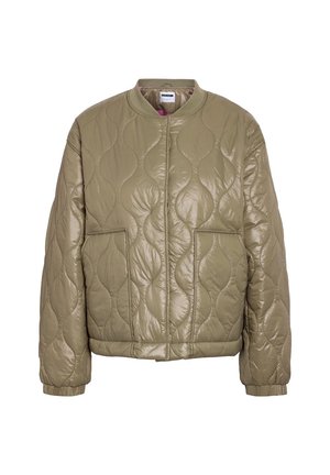 Light brown quilted jacket with long sleeves, two front pockets, elastic cuffs, and a round collar.