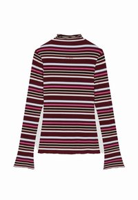 Langsleeve top met een nep-kraag, voorzien van maroon, roze en witte horizontale strepen. Zachte, geribbelde textuur met uitlopende mouwen.