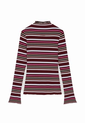 Langärmliges Oberteil mit einem hohen Kragen, in maroon, rosa und weißen horizontalen Streifen. Weicher, gerippter Stoff mit ausladenden Ärmelabschlüssen.