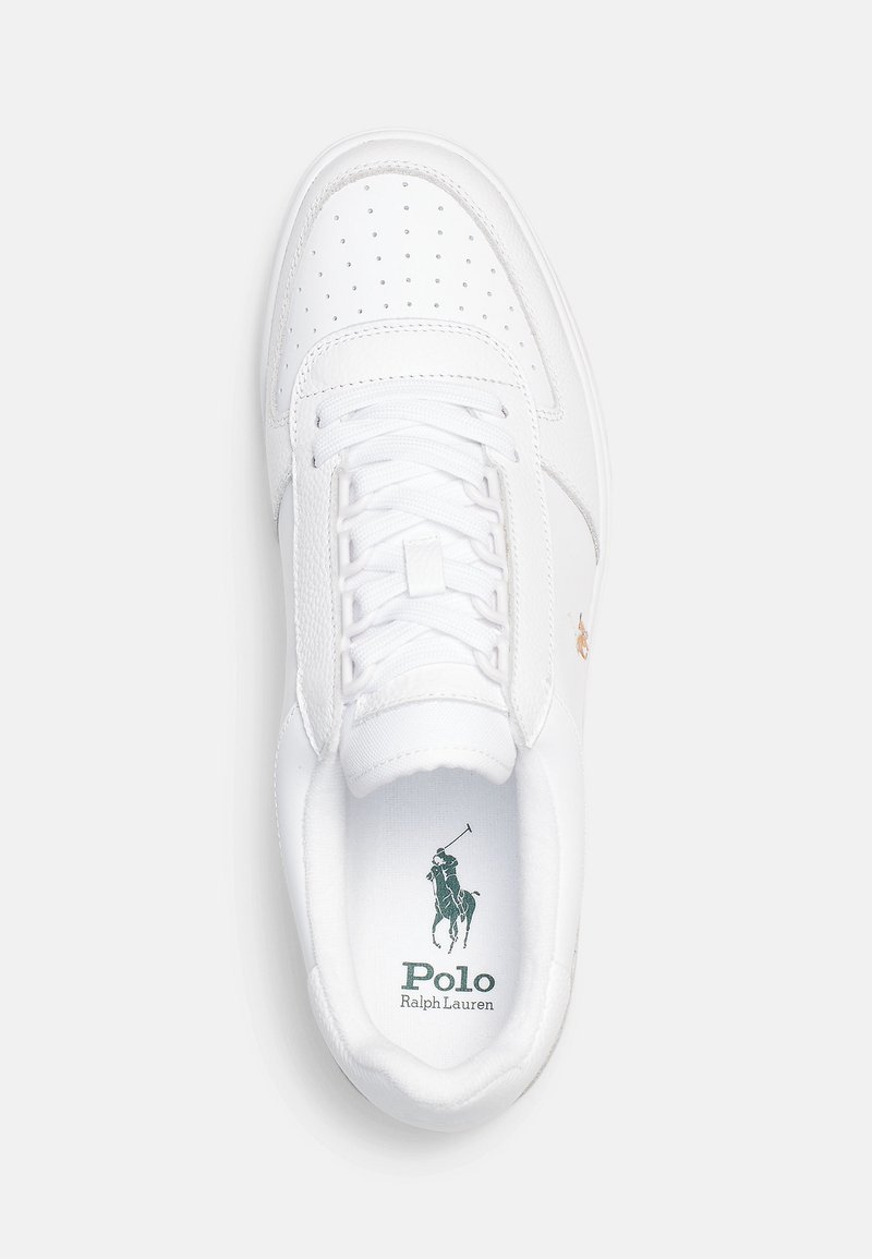 Weiße Ledersneaker mit durchlöchtem Zehenbereich, flachen Schnürsenkeln und seitlichem Logo. Die weiche Innensohle zeigt ein grünes Polo-Spieler-Motivad. Strukturierte Sohle.