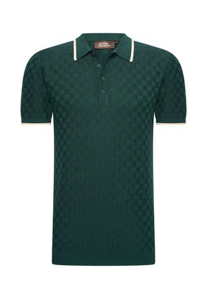 Kurzarm-Polohemd in Dunkelgrün mit einem strukturierten Karomuster, ausgestattet mit einem kontrastierenden cremfarbenen Kragen und Säumen sowie einer Drei-Knopf-Leiste.