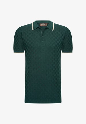 Kurzarm-Polohemd in Dunkelgrün mit einem strukturierten Karomuster, ausgestattet mit einem kontrastierenden cremfarbenen Kragen und Säumen sowie einer Drei-Knopf-Leiste.