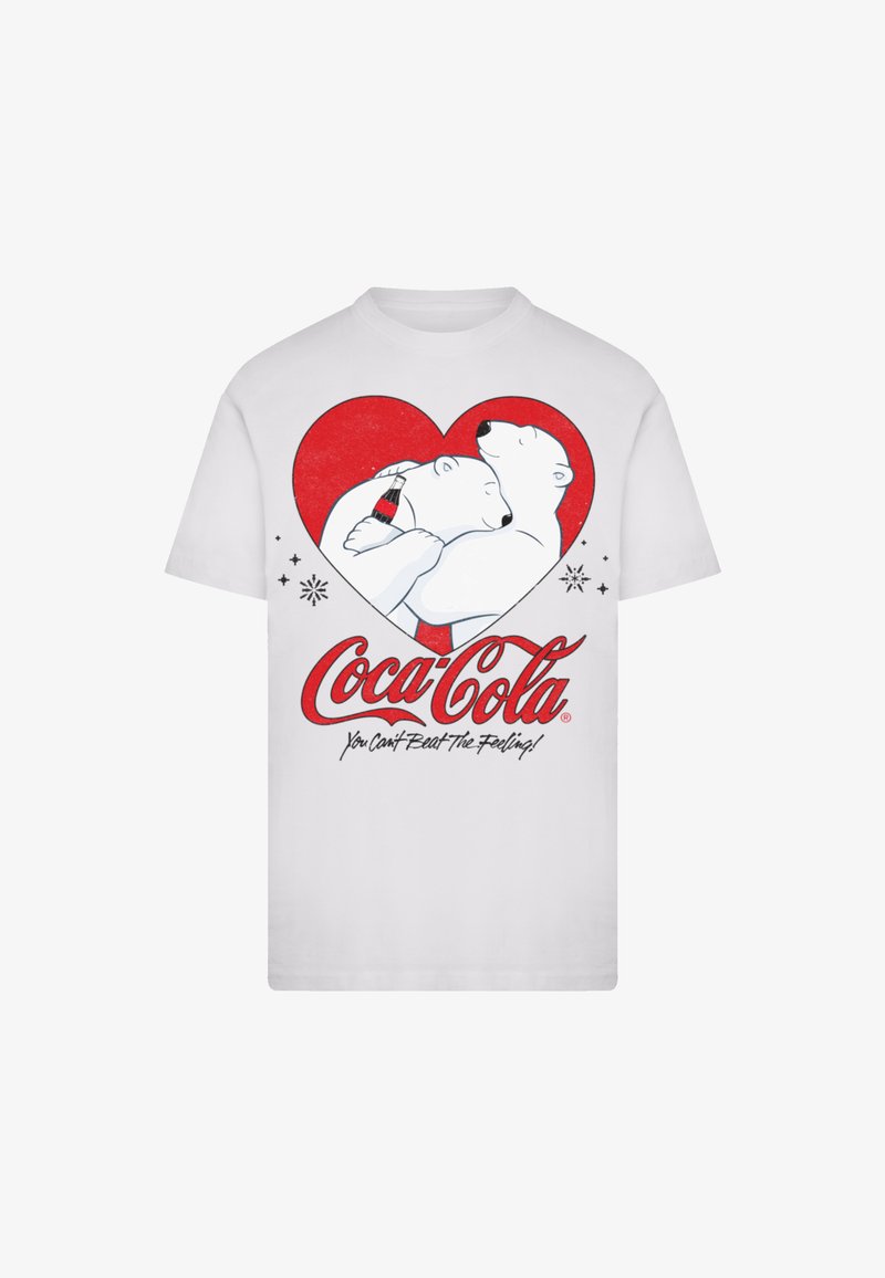 White t-shirt featuring a graphic of two polar bears in a red heart hugging, with a Coca-Cola bottle and the text "You Can't Beat the Feeling!"